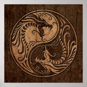 木製の穀物の効果の陰陽のドラゴン ポスター
