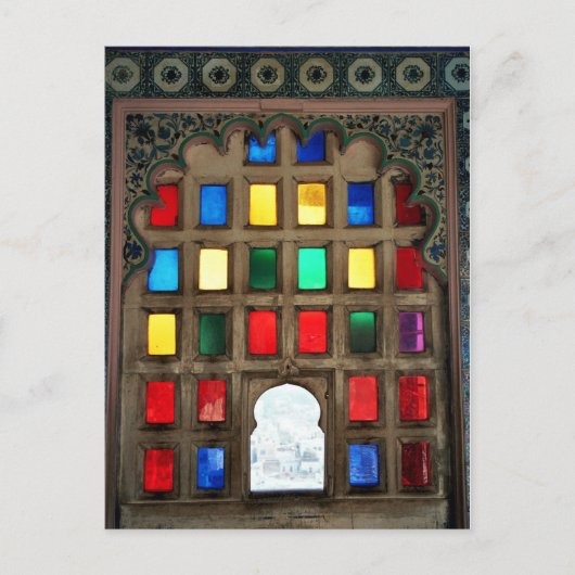 木製の窓枠に色付きのガラス ポストカード (正面)