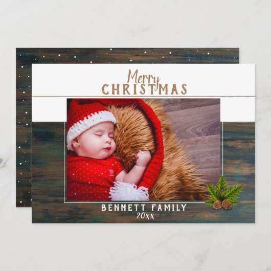 木製の素朴なクリスマスツリーのホリデー フォト カード (正面/裏面)
