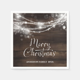 木製の素朴なストリングライト クリスマス スタンダードカクテルナプキン
