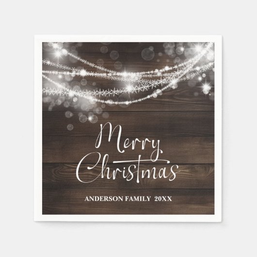 木製の素朴なストリングライト クリスマス スタンダードカクテルナプキン (正面)