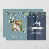 木製の素朴なテール＆ネイビー写真ベイビーシャワー郵送で 招待状 (正面/裏面)