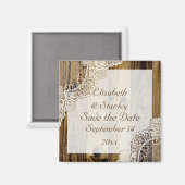 木製の素朴なホワイトレースのウェディングSave the Date マグネット (正面/裏面)