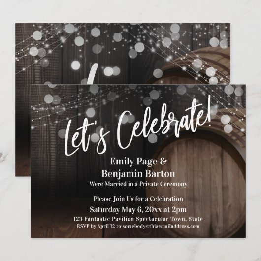 木製の素朴な樽とライトを祝おう 招待状 (正面/裏面)