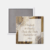 木製の素朴な白いレースの結婚式 Save the Date マグネット (正面/裏面)