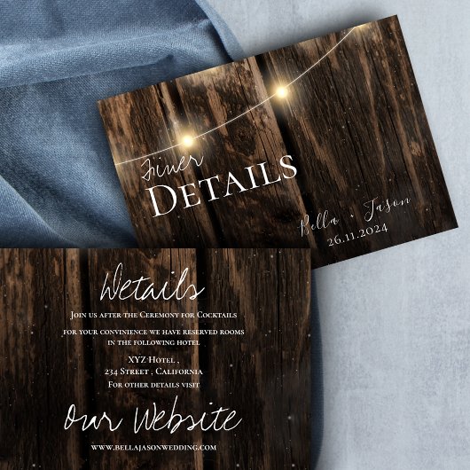 木製の素朴ストリングライトカントリーウェディング詳細 エンクロージャーカード