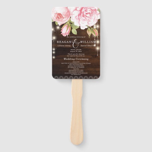 木製の素朴ストリングライトバラカスタムウェディング ハンドファン (正面)