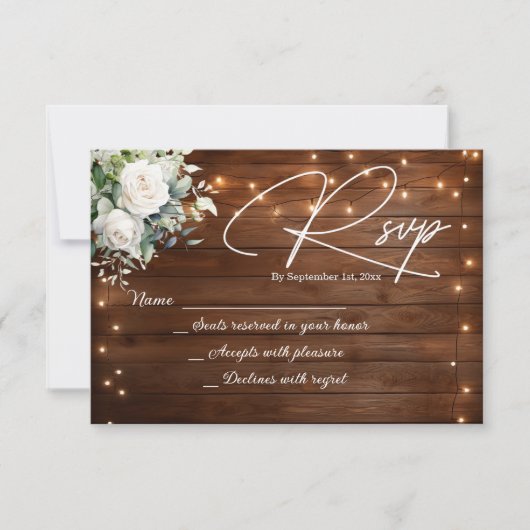 木製の素朴ストリングライトホワイトローゼウェディングRSVP 出欠カード (正面)