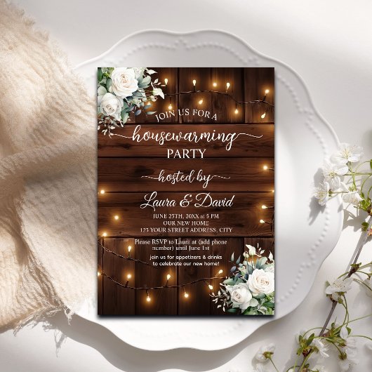 木製の素朴ストリングライト引っ越し祝いパーティーパーティー 招待状