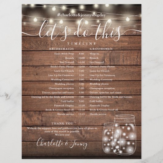 木製の素朴ストリングライト結婚式 プログラムのタイムライン (正面)
