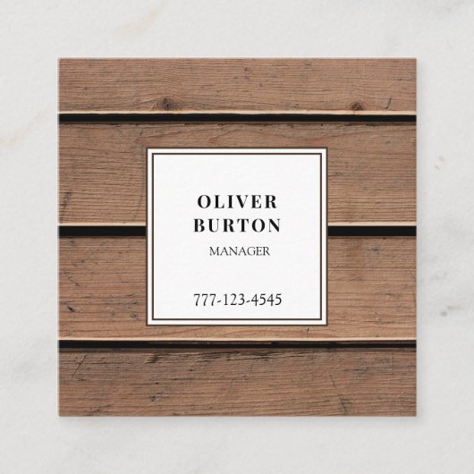木製の背景にユニバーサル名刺。 スクエア名刺 (正面)