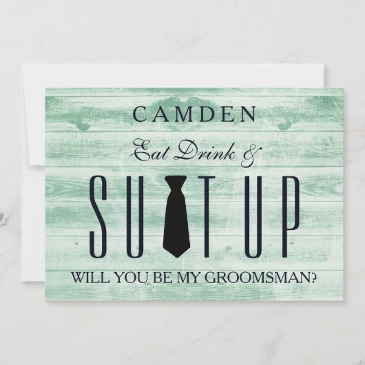 木製の背景のスーツ私のgroomsmanになる 招待状 (正面)