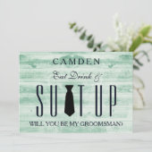 木製の背景のスーツ私のgroomsmanになる 招待状 (スタンド正面)