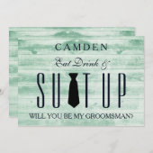 木製の背景のスーツ私のgroomsmanになる 招待状 (正面/裏面)