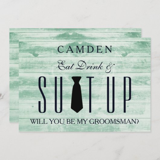 木製の背景のスーツ私のgroomsmanになる 招待状 (正面/裏面)