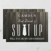木製の背景のスーツ私のgroomsmanになる 招待状 (正面/裏面)