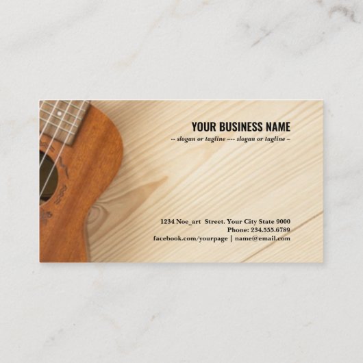 木製の背景を持つアコースティックギター 名刺 (裏面)