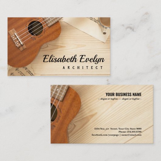 木製の背景を持つアコースティックギター 名刺 (正面/裏面)