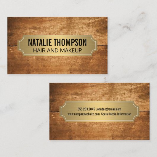 木製の背景金ゴールド金属製フレーム 名刺 (正面/裏面)