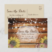 木製の背景、ひまわり、タイポグラフィーのSave the Date 案内ポストカード (正面/裏面)