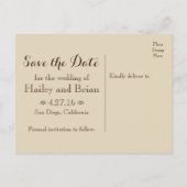 木製の背景、ひまわり、タイポグラフィーのSave the Date 案内ポストカード (裏面)