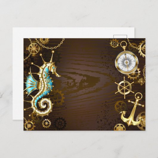 木製の背景(メカニカルシーホース付き) インビテーションポストカード (正面/裏面)