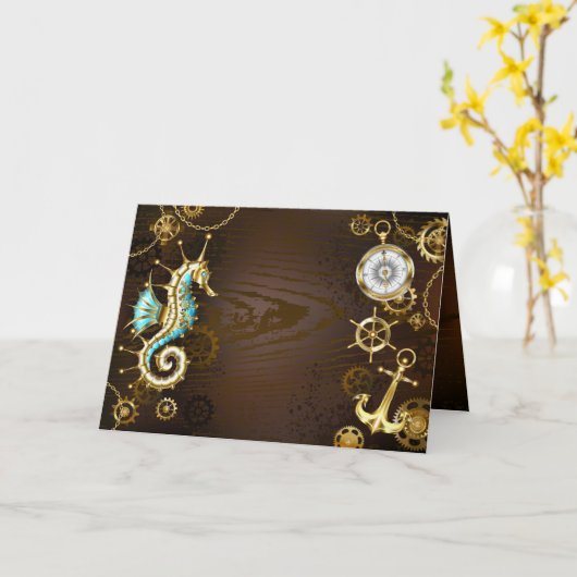 木製の背景(メカニカルシーホース付き) カード (黄色い花)