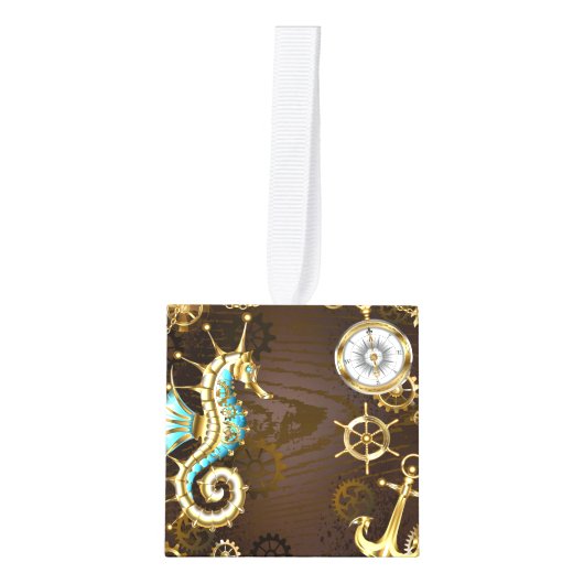 木製の背景(メカニカルシーホース付き) キューブオーナメント (正面)