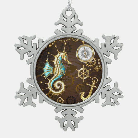 木製の背景（メカニカルシーホース付き） スノーフレークピューターオーナメント (正面)