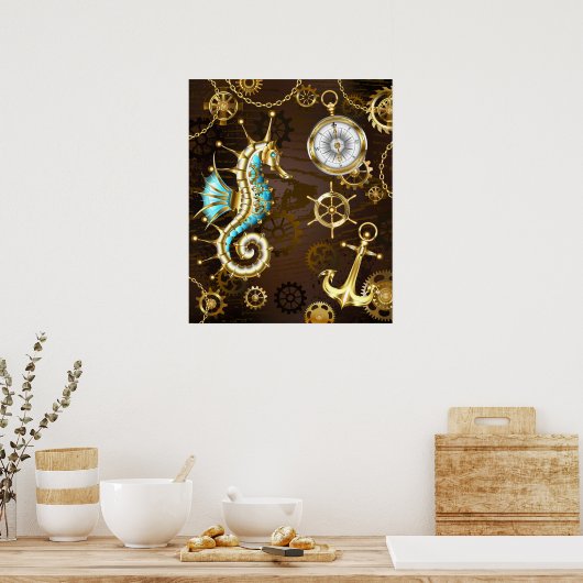 木製の背景(メカニカルシーホース付き) ポスター (キッチン)