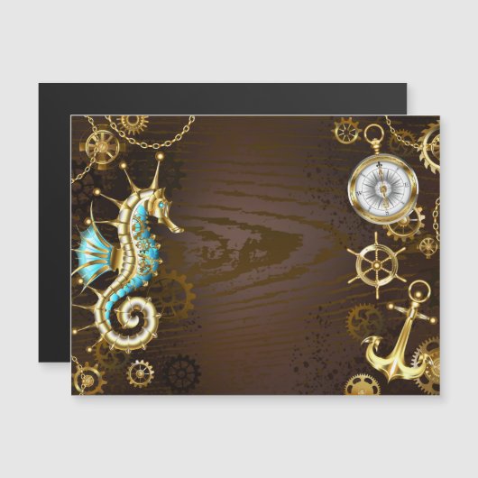 木製の背景(メカニカルシーホース付き) マグネット招待状 (正面/裏面)