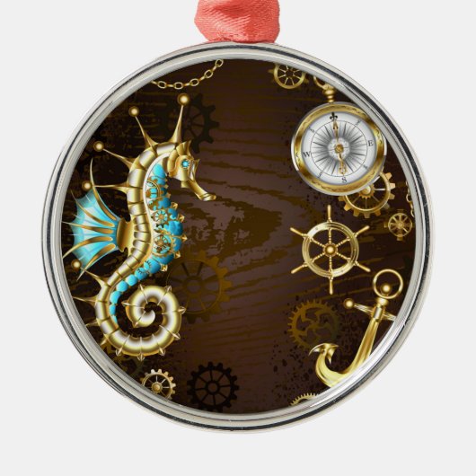 木製の背景(メカニカルシーホース付き) メタルオーナメント (正面)