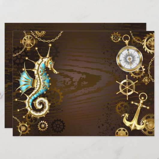 木製の背景(メカニカルシーホース付き) 招待状 (正面/裏面)