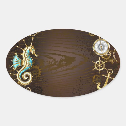 木製の背景（メカニカルシーホース付き） 楕円形シール (正面)