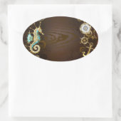 木製の背景（メカニカルシーホース付き） 楕円形シール (バッグ)