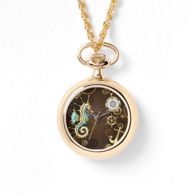 木製の背景（メカニカルシーホース付き） 腕時計 (正面)