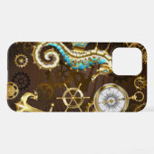 木製の背景（メカニカルシーホース付き） iPhoneケース (裏面横)