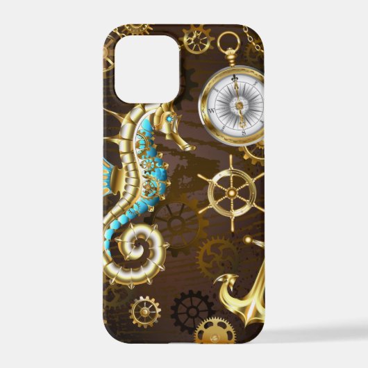 木製の背景（メカニカルシーホース付き） iPhoneケース (裏面)