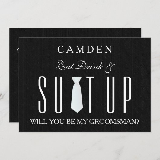木製の背景Suitup私の花婿の付添人です 招待状 (正面/裏面)