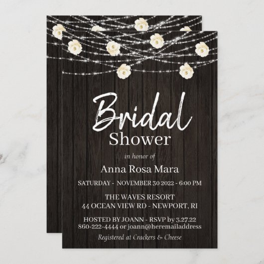 *~* 木製の花のライト ローズ ブライダルシャワー 招待状 (正面/裏面)