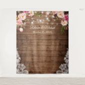 木製の花飾り付きストリングライト ウェディングバックドロップ ラスティック タペストリー (正面)