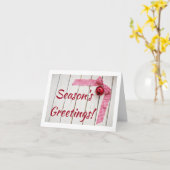 木製の赤いベルと赤いチェックのボウが付いたクリスマス カード (黄色い花)