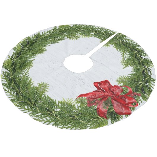 木製の赤い弓とクリスマスリース ブラッシュドポリエステルツリースカート (アングル)