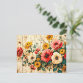 木製の赤と黄色の庭の花 ポストカード (スタンド正面)