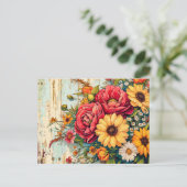 木製の赤と黄色の庭の花 ポストカード (スタンド正面)