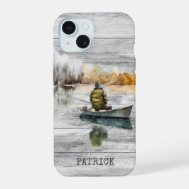 木製の釣り湖の漁師 iPhone 15ケース