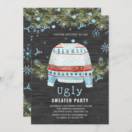 木製の雪の醜いセータークリスマス招待状 招待状 (正面/裏面)