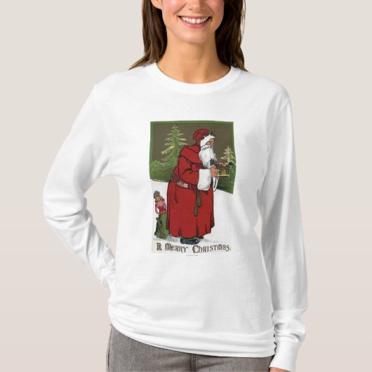 木製の馬とのクリスマスGreetingSanta Tシャツ (正面)