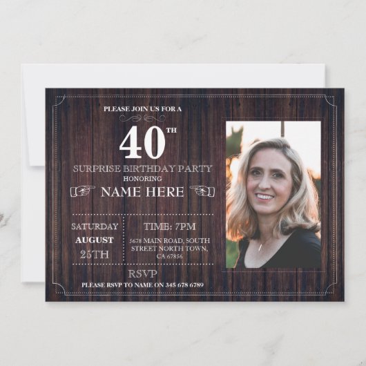 木製の驚きの誕生会第40の招待年齢 招待状 (正面)