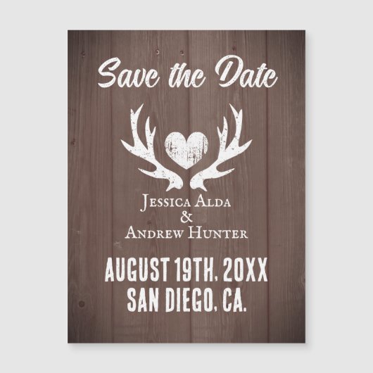 木製の鹿の角のハート磁気は日付カードを保存 (正面)